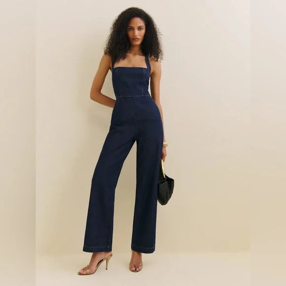 Reformation Danna Halter Denim Jumpsuit - Picture 1 of 4